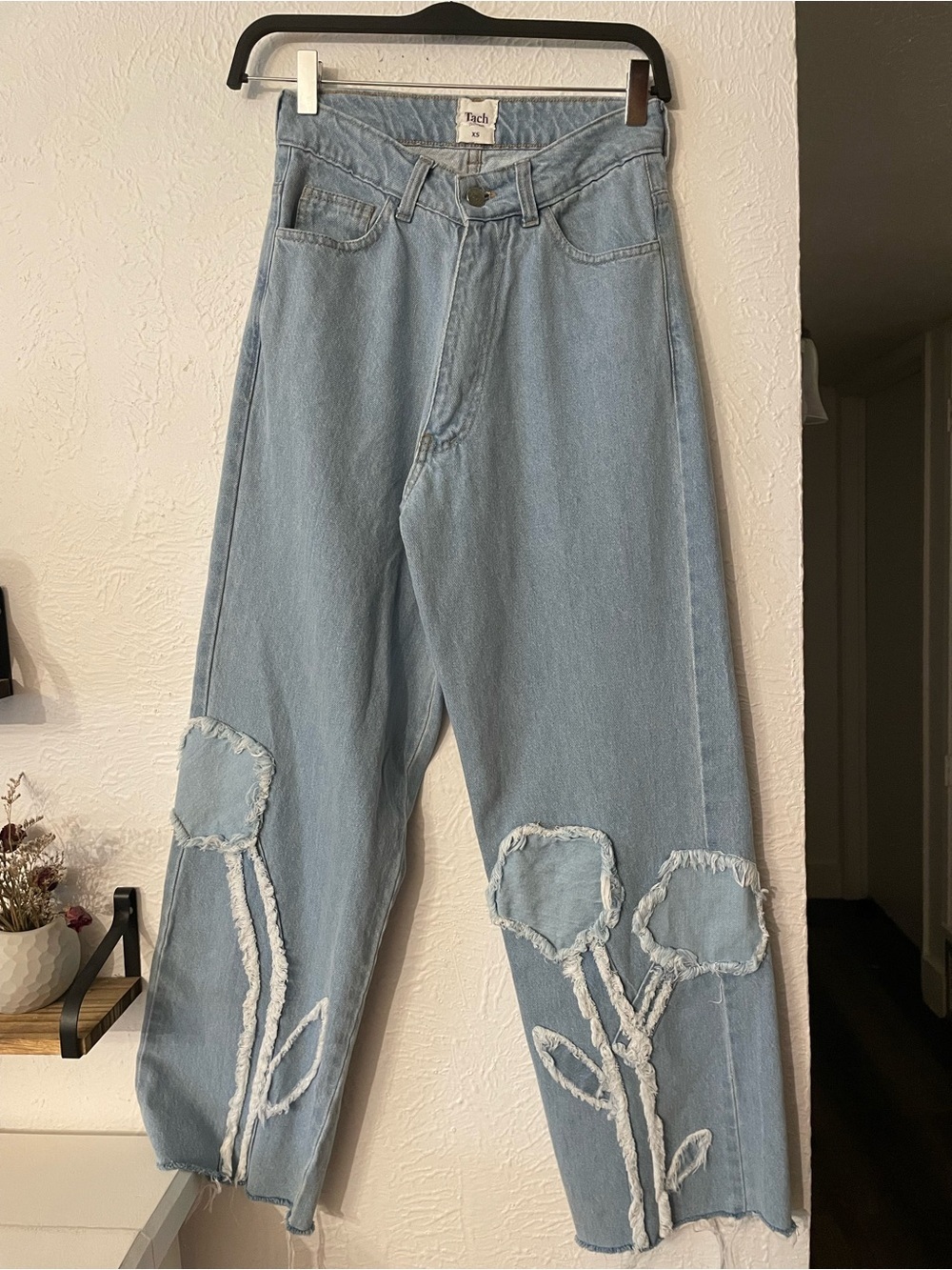 TACH Light Blue Flared Jeans Raised Floral Appliqué XS